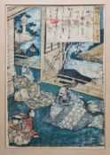 Japanese coloured woodblock print on paper Edo Period Depicting three figures in discussion on a