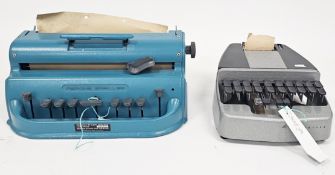 Mid-century ' Perkins Brailler ' braille writing machine, metal body with a blue finish, six-key