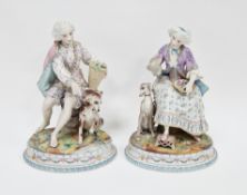 Pair of French biscuit porcelain figures of a gallant and companion in 18th-century style dress,