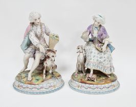 Pair of French biscuit porcelain figures of a gallant and companion in 18th-century style dress,