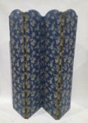 Early 20th-century four-fold dressing screen, the domed top panels upholstered in a blue striped