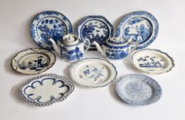 Group of Staffordshire pearlware & creamware blue and white plates, teapots and other items, late