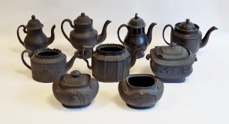 Group of English black basalt teawares, late 18th/early 19th century, various impressed marks,