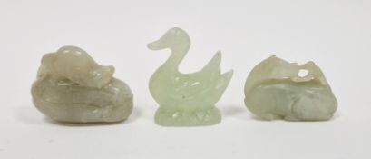 Three items of 20th century carved Chinese jade and jadeite, comprising a duck, a gourd issuing from