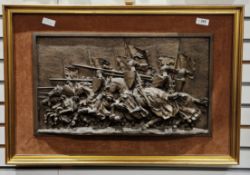 Two Marcus Designs plaster relief plaques, one depicting jousting medieval knights on horseback