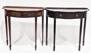 Two similar mahogany effect side tables of shaped demi-lune form, one with single frieze drawer