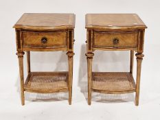 Pair of Frank Hudson ' Spire range ' walnut bedside cabinets, of bow-front form, cross-banding to