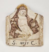 Italian maiolica wall plaque of the Madonna, 19th century, moulded in high relief with the Madonna