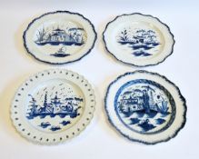 Four Staffordshire pearlware blue and white plates, circa 1800, three painted with chinoiserie