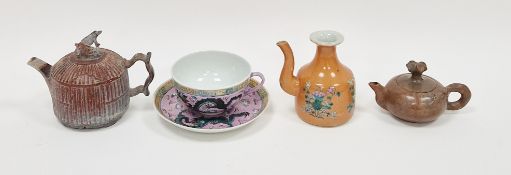 Group of 20th century Chinese porcelain, including a pink ground famille rose tea bowl and saucer