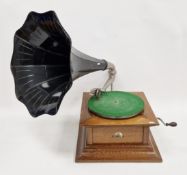 Early 20th-century HMV (His Master's Voice) oak gramophone with fluted metal horn, 49cm wide,