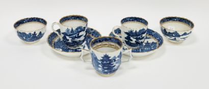 Pair of Caughley porcelain blue and white Temple pattern fluted teabowls, a pair of coffee-cups