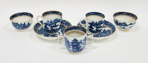 Pair of Caughley porcelain blue and white Temple pattern fluted teabowls, a pair of coffee-cups