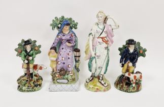 Staffordshire pearlware figure of Diana, circa 1810, standing with a quiver of arrows, on a tree-