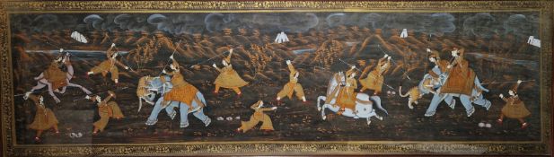 Indian or Persian Mughal-style painting on silk depicting a hunting scene with elephants and riders,