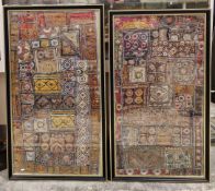 Two Indian patchwork textile panels of various colours with intricate metallic embroidery,