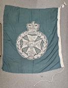 Two military green cloth flags featuring the cap badge emblem of the Royal Green Jackets, 92cm x