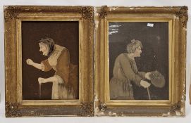 Pair of 19th-century felt-work appliqué panels, depicting an old man and an old woman with thread