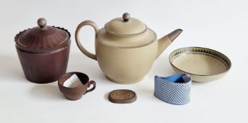 Samuel Hollins buff-coloured stoneware white-metal mounted teapot and cover, a red stoneware white-