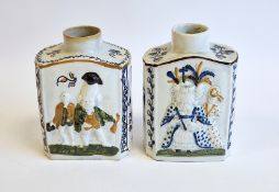 Two English Prattware arched rectangular tea canisters moulded with Macaroni figures, circa 1790,