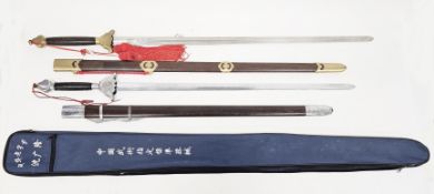 Replica jian sword with brass pommel, guard and scabbard fittings, and wooden scabbard and handle,