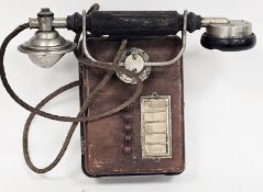 Early 20th-century wooden hanging intercom telephone station, with five push buttons and a cradle