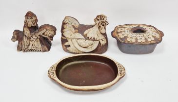 Quantock Design brown stoneware hen tureen and cover, 24 cm wide, an oblong casserole dish &