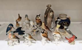 Group of Karl Ens porcelain models of birds perched on branches and others similar, printed