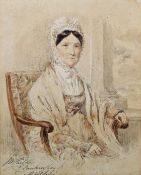 19th century English school Watercolour drawing 'Mrs Wilde', three-quarter length portrait of an