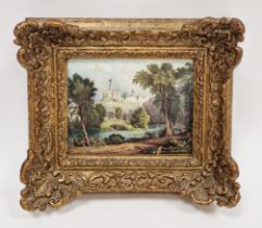 English porcelain framed topographical plaque, circa 1820, probably Worcester, painted with a view