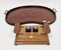 Edwardian mahogany and satinwood inlaid kidney-shaped serving tray with twin brass handles, 59cm