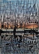 20th century lino print depicting three fishing boats moored in a harbour, unsigned, framed and