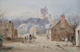 19th century school Watercolour Village scene with figures in street, Devonport Church in