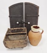 Pair of vintage metal oven doors, of arched form, 69cm high x 56cm wide, together with a wooden rice