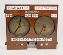 Mid-century tide height and time indicator mahogany board, having two brass dials for AM and PM,