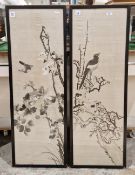 Pair of Chinese silk textile panels, embroidered in muted brown, grey and cream colours, depicting