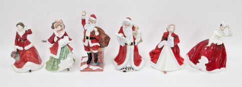 Group of Royal Doulton bone china figures of ladies and Father Christmas, printed green factory