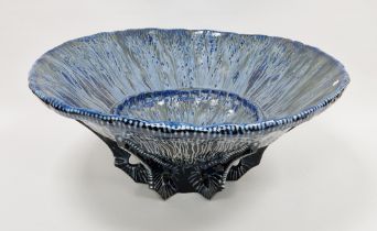 Vila Clara (Spanish) pottery large footed flared blue-glazed bowl, marked to the base, decorated