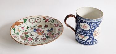 Chinese Export porcelain famille rose cylindrical mug and a London-decorated Chinese Export soup-