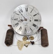 19th-century silvered longcase clock face and movement, with Roman and Arabic numerals, two