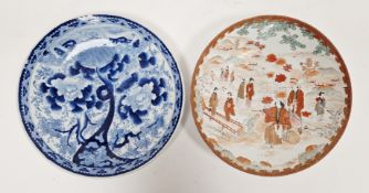 Japanese late Meiji period kutani dish, painted with figures in discussion on bridges and before