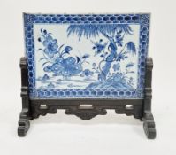 Chinese export porcelain tile on carved wood stand, Qing Dynasty, painted with water plants,