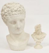 Modern white plaster bust of Hermes, 44cm high, together with a synthetic resin bust of Apollo, 23cm