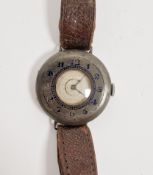 Silver-cased half-hunter trench-style wristwatch, the cover with blue enamel Arabic numerals,