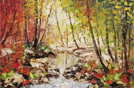 V R. Dragiev (20th century) Oil on canvas Woodland scene with stream, initialled lower right, signed