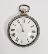 Victorian silver pair-cased pocket watch, the enamel dial with Roman numeral hour markers, fusee