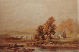 W. R. M. Foster (19th century) Watercolour Pastoral scene with fisherman and view of Llanelltyd