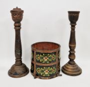 V Folk art style wooden and metal bound painted container, decorated with panels of flowers, 23cm