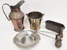Mixed lot of metalware including a set of three copper graduating spirit measures with brass hanging
