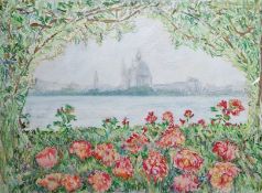 20th century watercolour and gouache depicting domed waterside building beside a river viewed